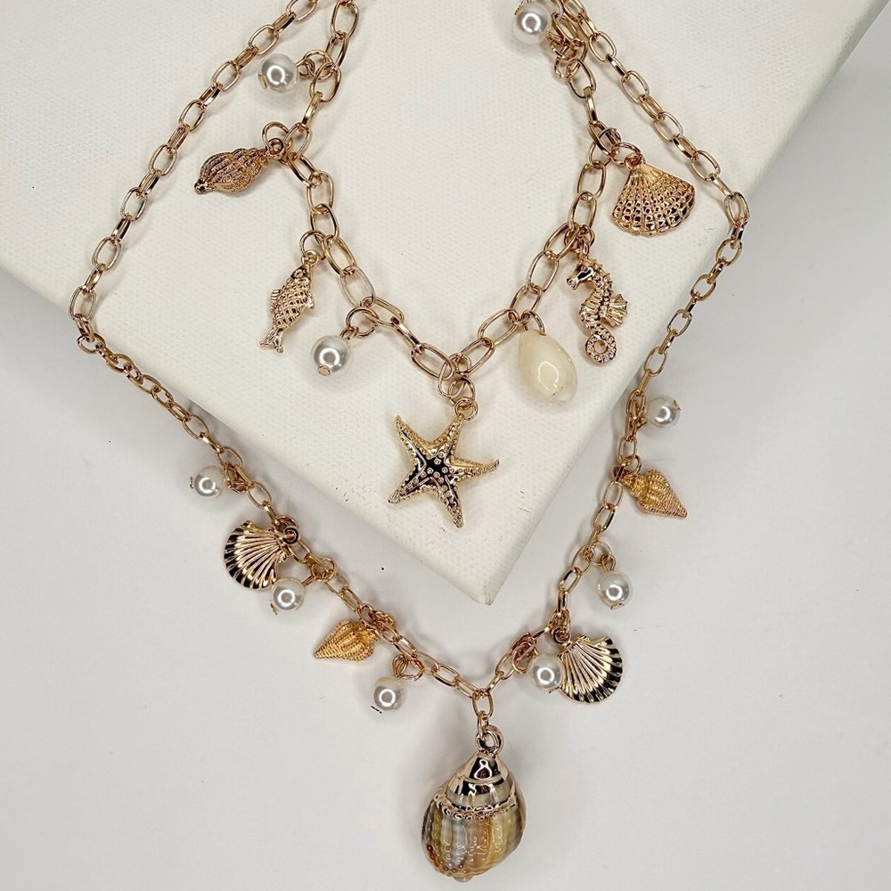 2 Piece Gold Beach Charm Layered Necklace Set